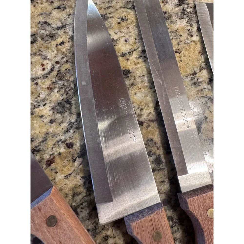 Vintage Interpur Chef’s Delight Japan Stainless 4pc Knife Set Wood Handle Cleave